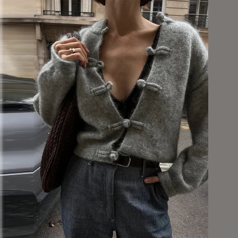 Elegant Knitted Print Women's Cardigan Loose Full Sleeve Stand Collar Zipper Sweaters Female 2026 Autumn Outwear Pockets Lady