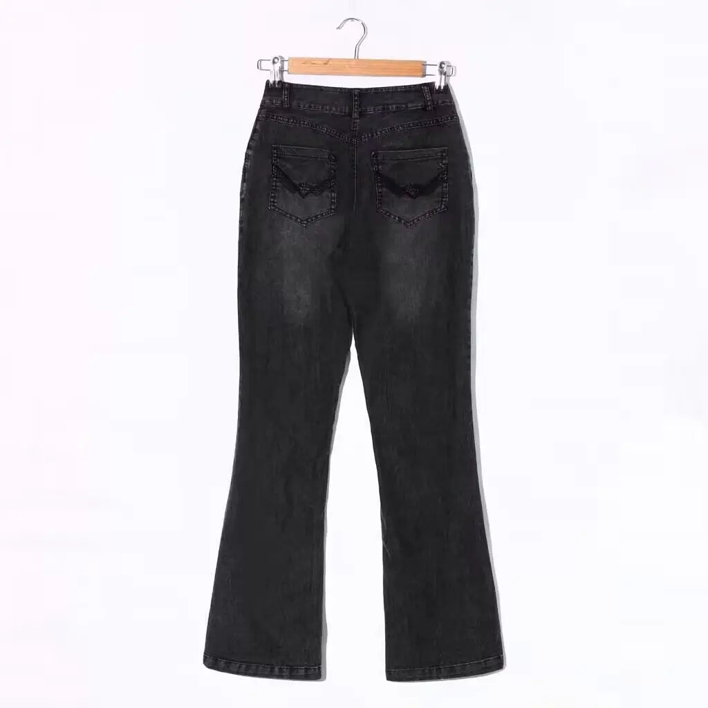 European American Women Low Waist Ripped Flared Jeans Slim Fit Fashion Casual Stretch Denim Long Pants