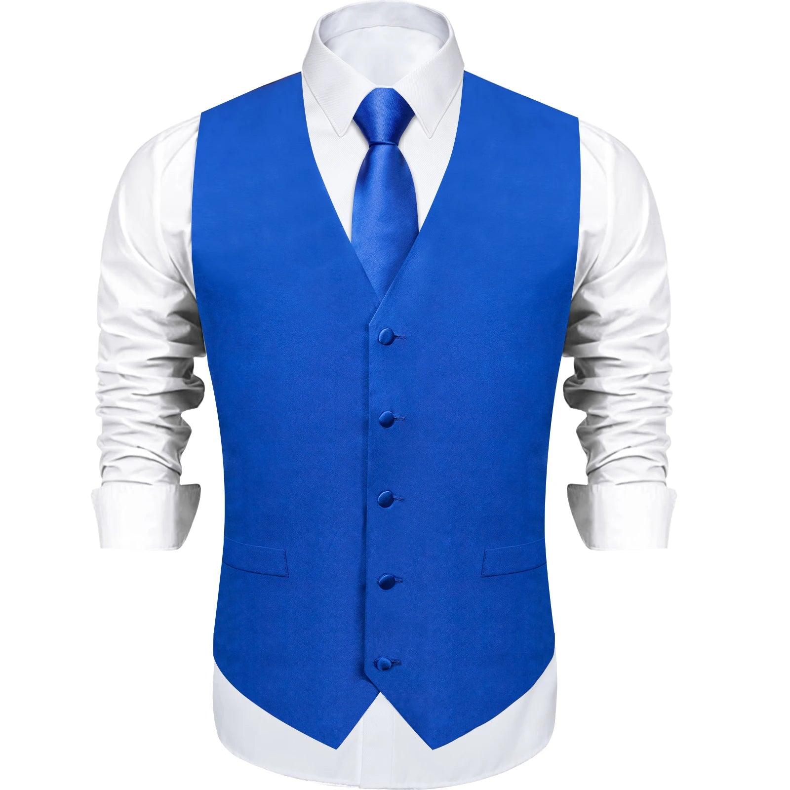 Satin Men's Solid Blue Suit Vest with Tie Handkerchief Cufflinks Business Formal Waistcoat Wedding Prom Men Sleeveless Jacket