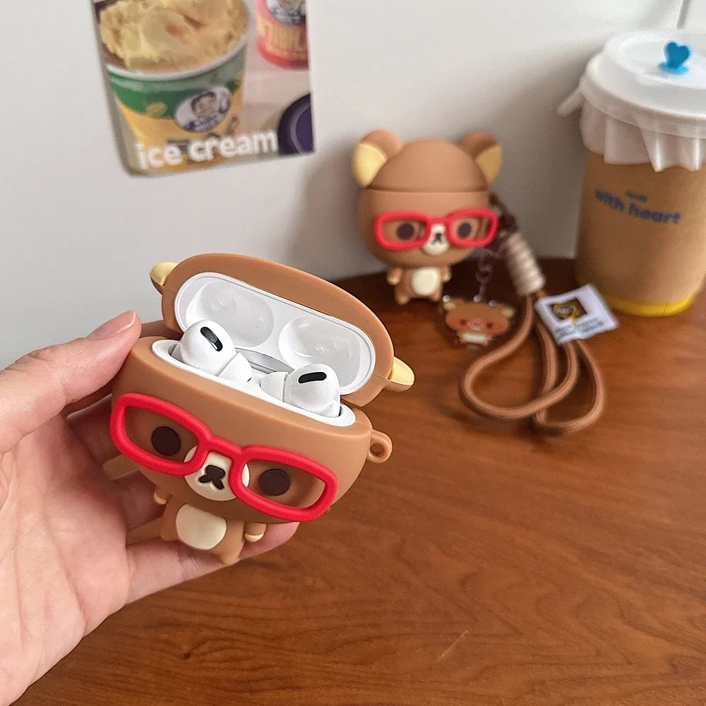 Cute Cartoon Rilakkuma Bear Earphone Case For Airpods 1 2 3 4 Pro 2 3 3D Wireless Bluetooth Headset Protective Soft Cover