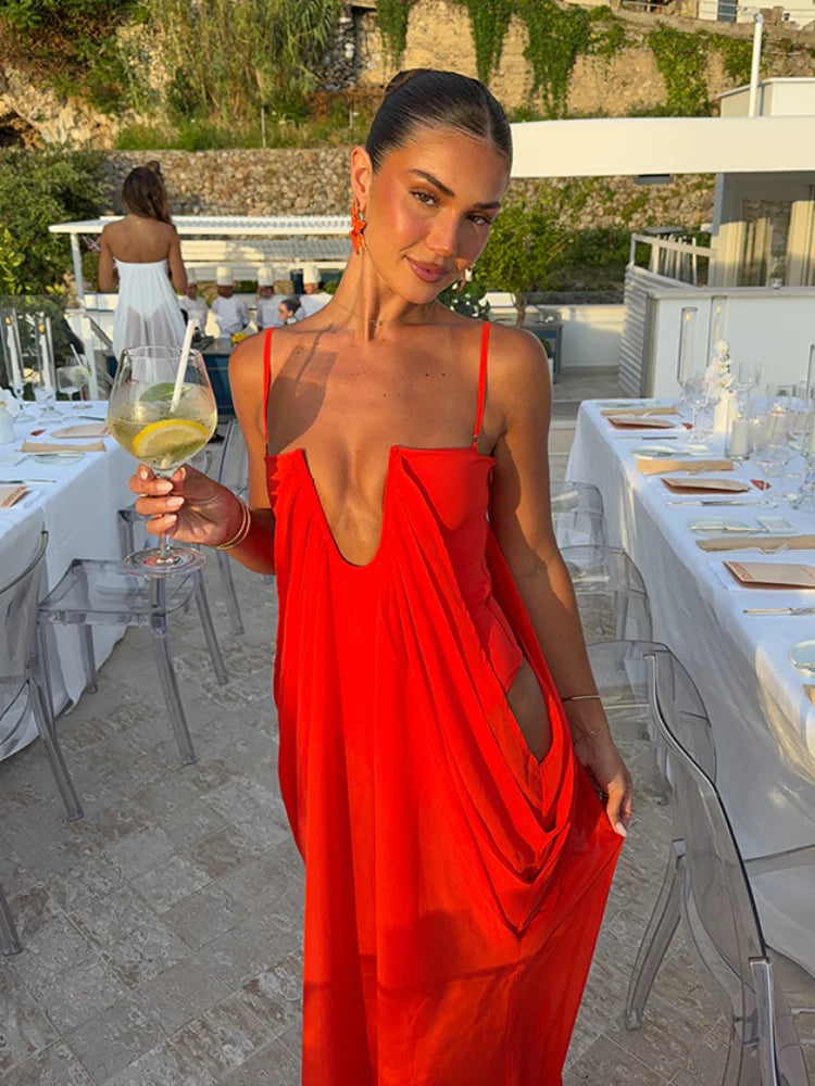 Vibrant Holiday Flowy Maxi Dress Deep U Chic Bohemian Chiffon Loose Fit Women Dresses Beach Vacation Summer Party Outfit