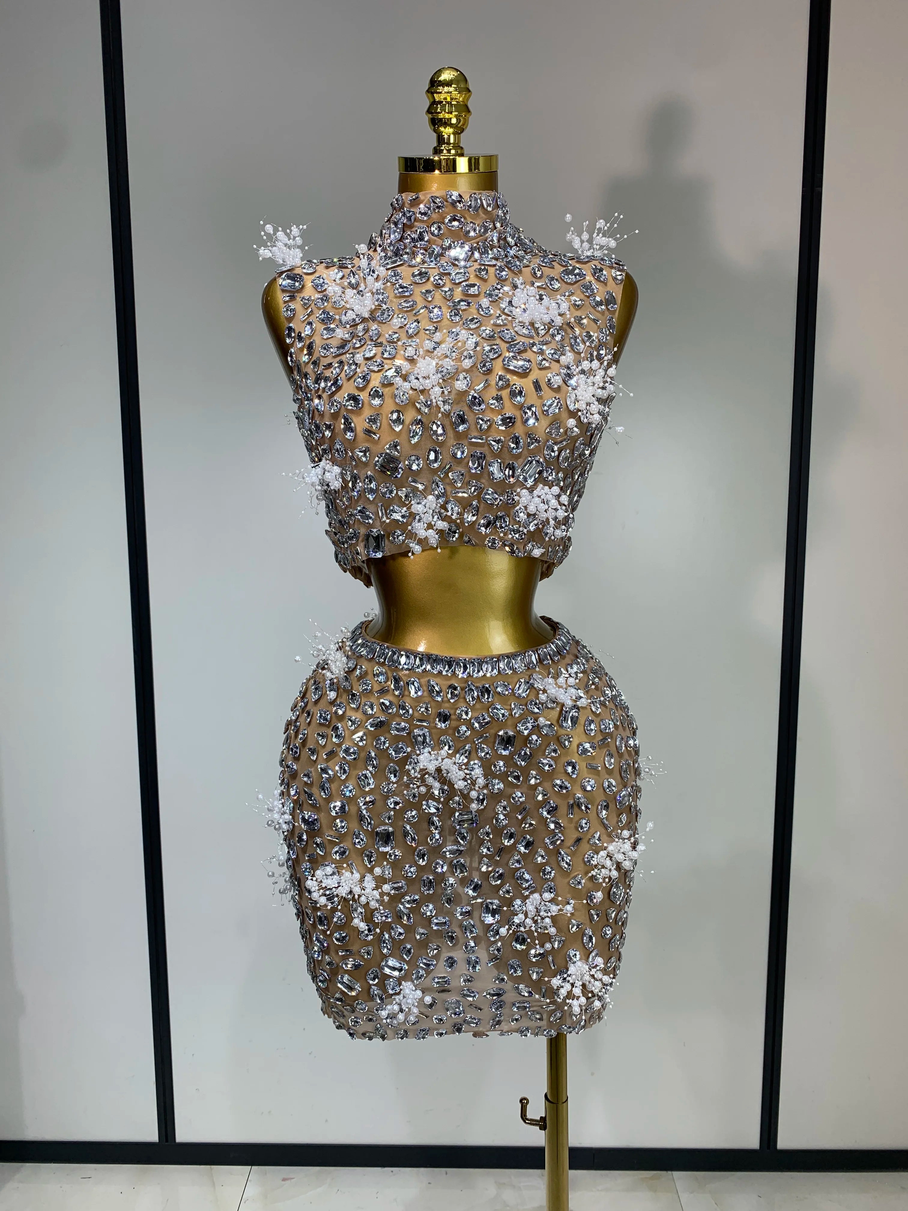 High Quality Sparkling Rhinestone Sexy See Through Blackless Top Skirt Two Pieces Set Woman Luxury Birthday Evening Party Gowns