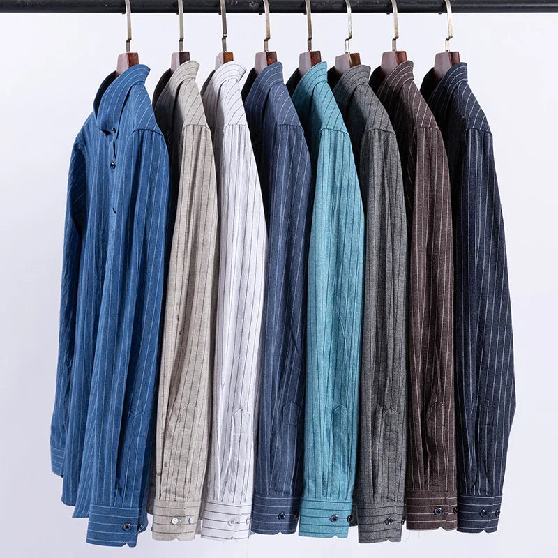 New in ShirtPlus Size 7XL 100% Cotton Sanding Long-Sleeve Shirts for Men Slim Fit Plain Shirt Striped Plaid Single Pocket Clothe