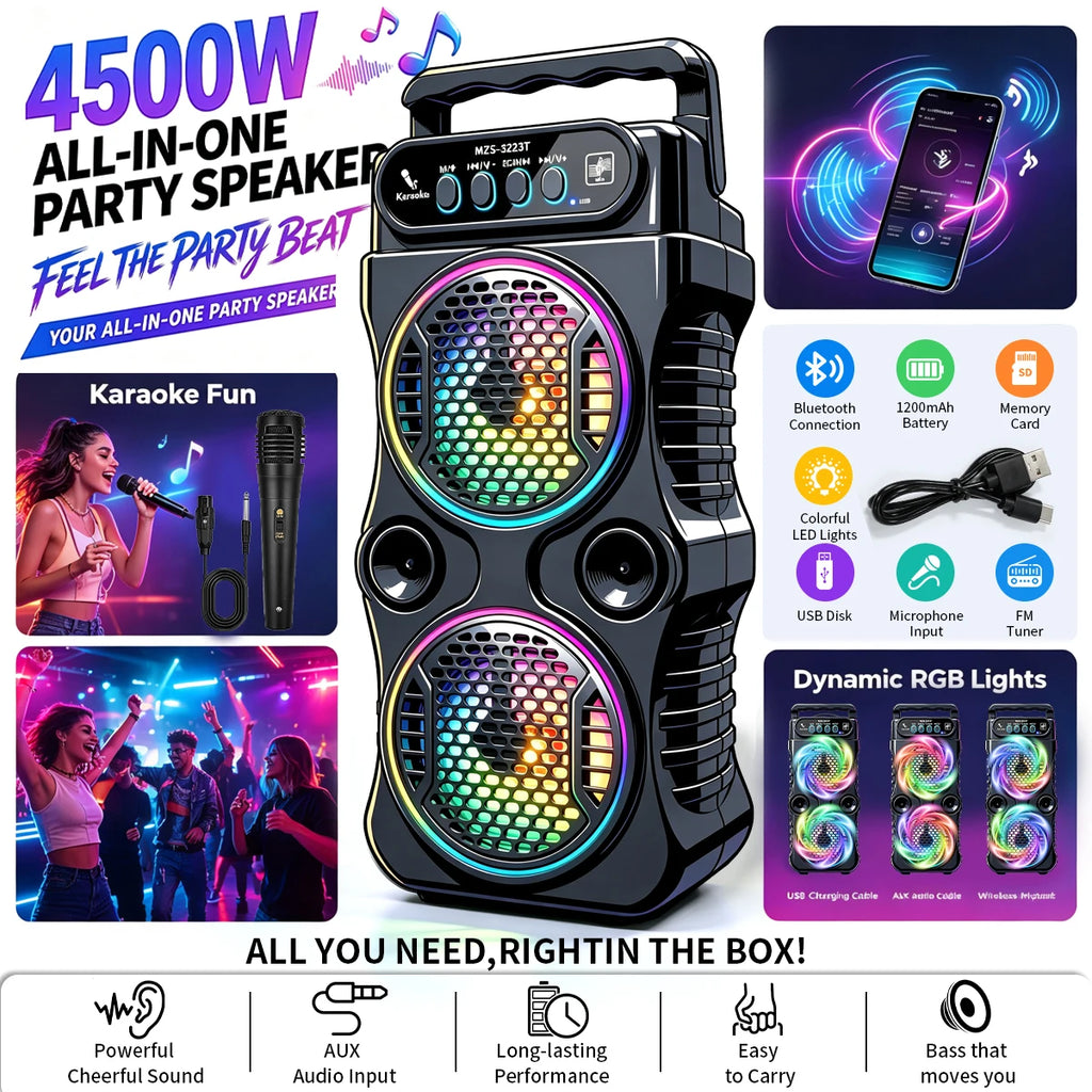 8800Hz Portable Bluetooth Speaker, Portable Heavy Bass Loud Speaker with RGB Colorful Lights & Microphone, Support USB TF