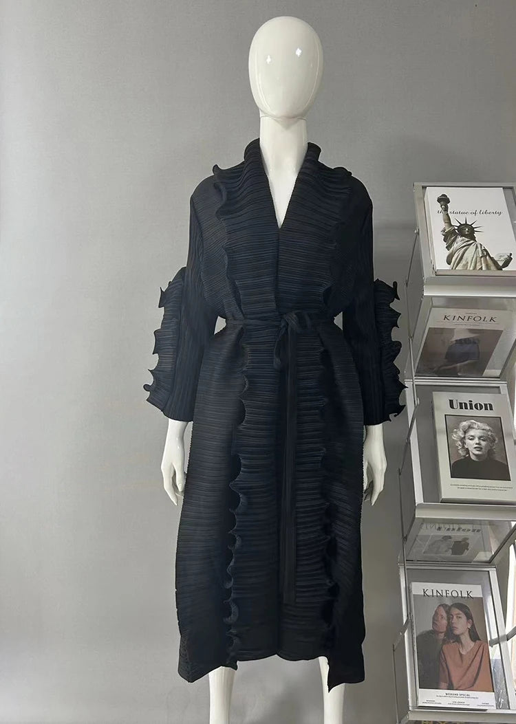 2024 Miyake Ruffled Early Spring and Autumn New Long Sleeve Ruffled High Elastic Dress V-neck Long Sleeve Women's Dress