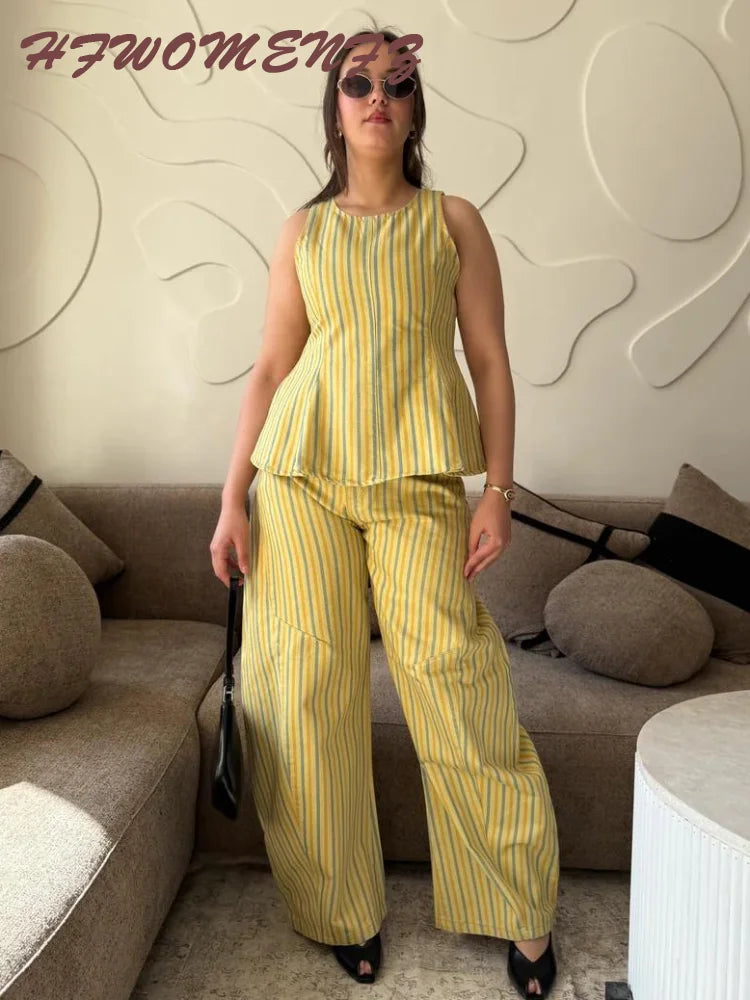 Casual Striped Pleated Vest Pants Women's Set Elegant Sleeveless O-neck Top Wide Leg Trousers 2026 Summer Vacation Lady Outfit