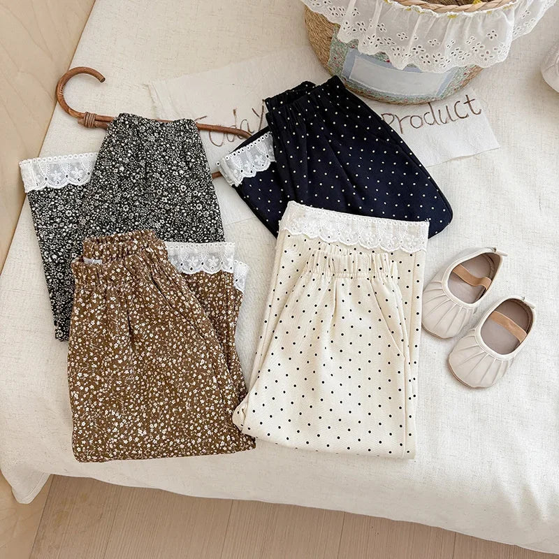 Korean Style Baby Girls Polka Dot Wide Leg Pants Lace Hem Loose Trousers Toddler Kids Elastic Waist Casual Fashion Pants