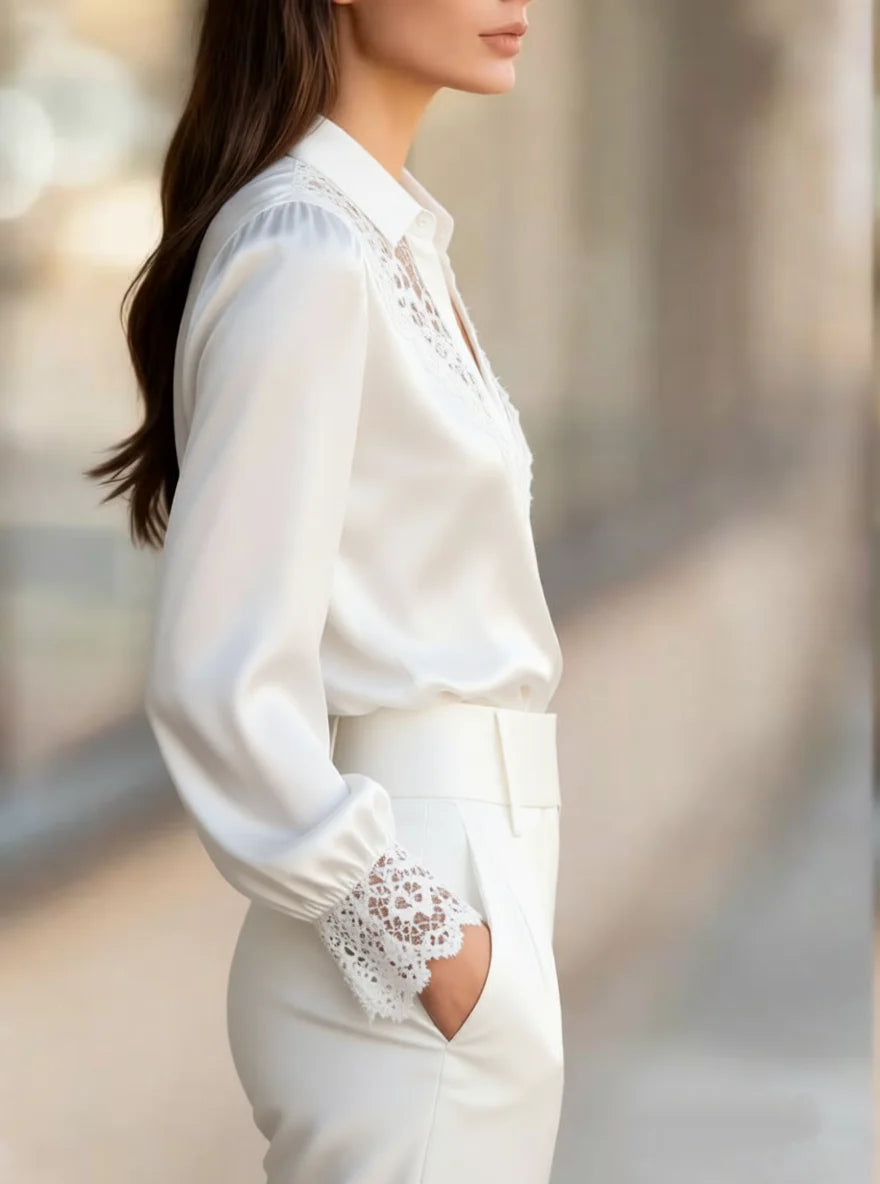 Women's Satin Blouse with Delicate Lace Trim V-Neck Button Down Puff Sleeve Elegant Top for Office Formal Events & Daily Wear