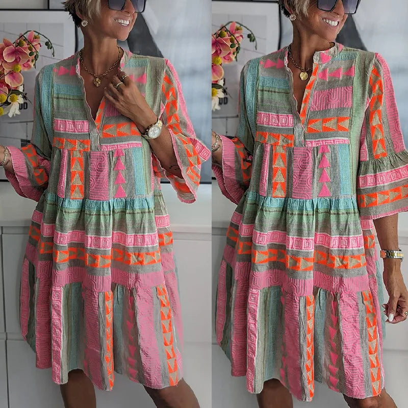 Women's Cotton and Linen Mini Dress Casual Loose Print V-neck Seven Quarter Sleeve Dresses For Women