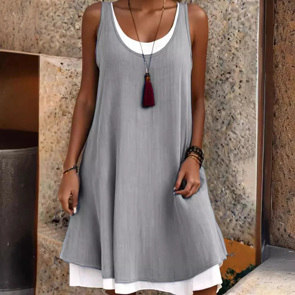 Ladies' Casual Sleeveless Design With A Fake Two Piece Loose Dress Summer Fashion Simple Sleeveless Round Neck Dress For Women