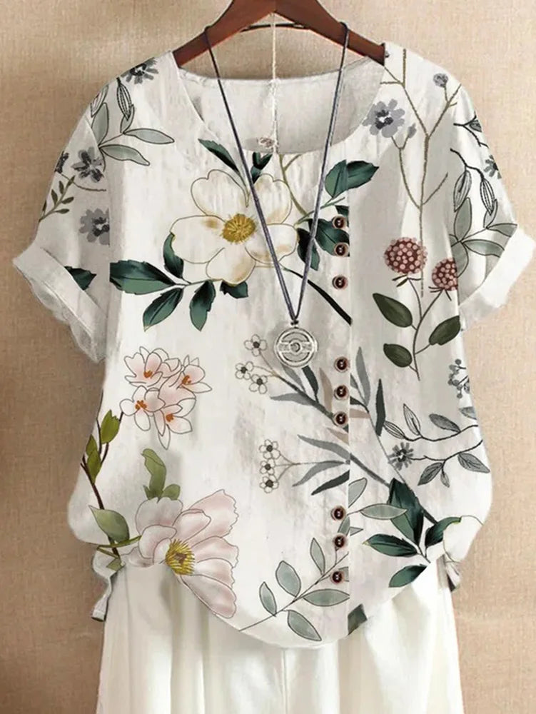 2025 Summer retro fashion printed loose casual shirt top, suitable for casual or vacation ladies' beachwear