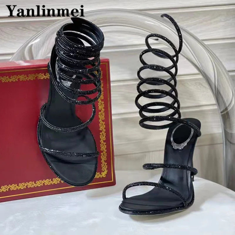 New Runway High Heels Sandals Women Crystal Decoration Ankle Strap Stiletto Shoes Woman Narrow Strap Gladiator Sandals Woman