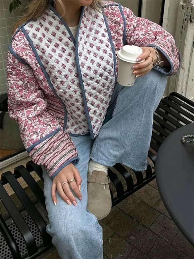 Womens Fall Winter Jackets Floral Print Stand Collar Open Front Quilted Coat Long Sleeve Padded Outerwear Vintage Casual
