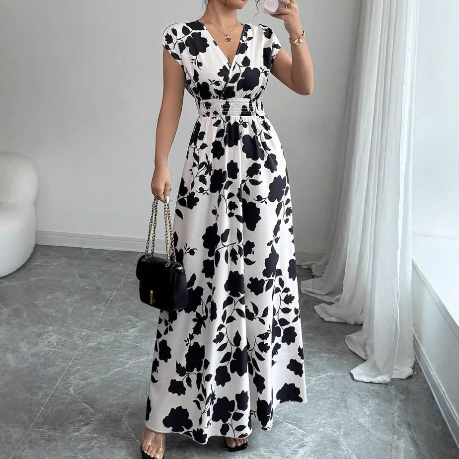 2026 Women's New Fashion Casual Daily Comfortable Elegant Lace-up Floral Print V-neck Short Sleeve Waist Women's Long Dress