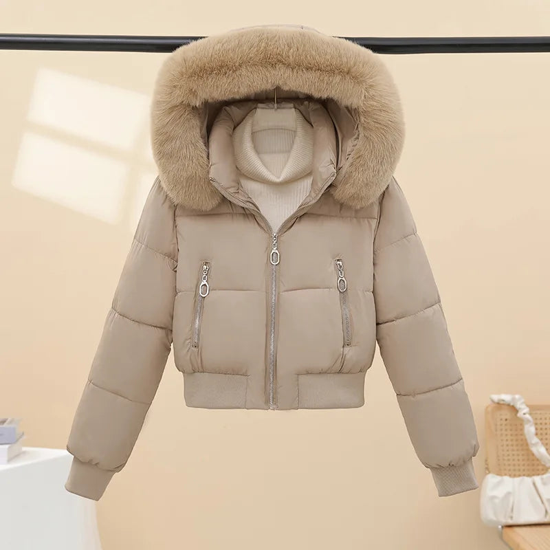 Detachable Hat Plush Warm Jacket Long Sleeve Loose Hooded Short Women's Parka Big Fur Collar Zippers Design Design Coat 2026 New