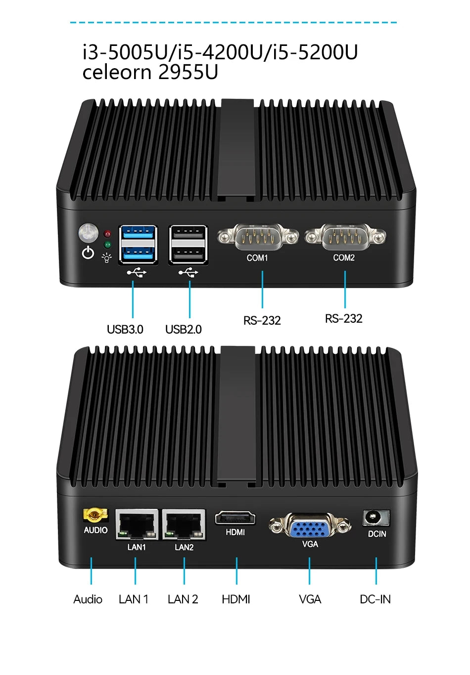 XCY Mini PC Intel Celeron J6412 Quad Cores 2x RS232/485 Dual Ethernet Mini PCIe HDMI VGA Fanless Industrial IPC Windows Linux