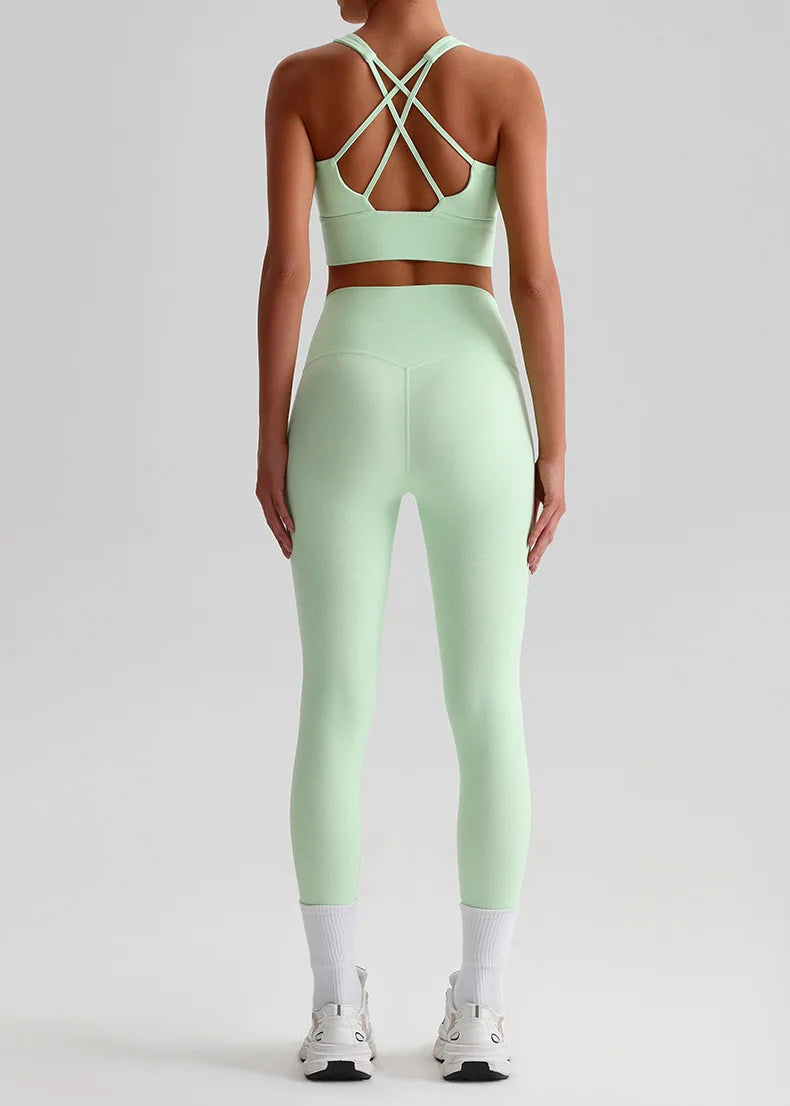 Naked Feel Yoga Set Women Fitness Sportswear 2 Piece Strappy Sports Bra High Waist Gym Leggings Workout Outfit Active Wear