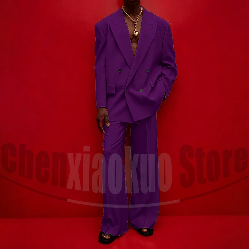 Men's Double Breasted Suit Set Oversized Blazer and Wide-Leg Trousers Fashion Casual Formal Outfits for Streetwear Party