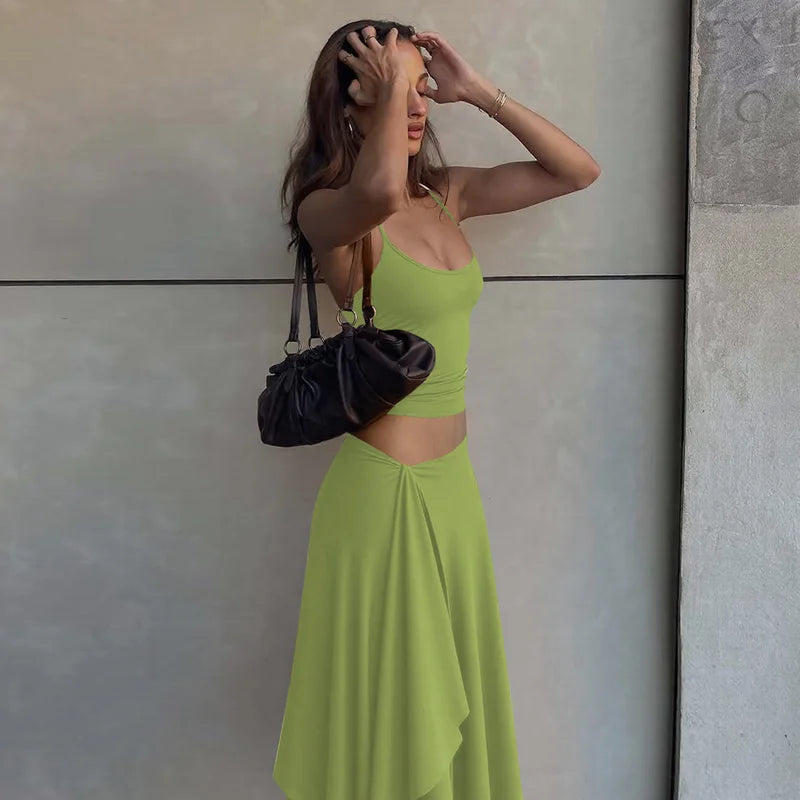 Hugcitar Fashion 2 Pcs Sets Halter Solid Backless Lace Up Sexy Crop Tank Top Ruched Maxi Skirt Women Outfit Beach Vacation Sport