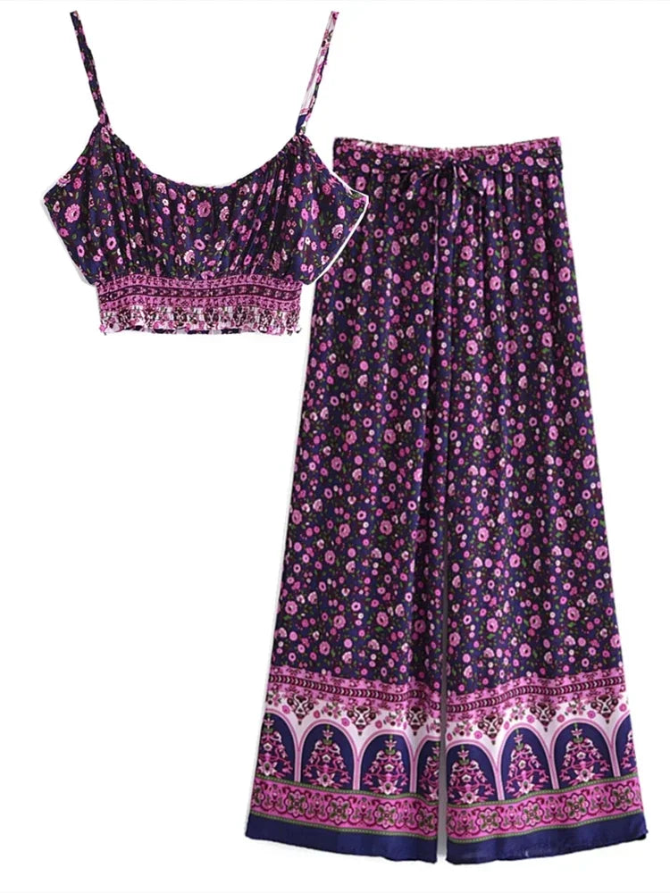 Vintage Chic  Women Floral Print Outfits Strap Sleeveless Tops Bohemian Suits Drawstring Pants 2 Pieces Rayon Cotton Boho Sets