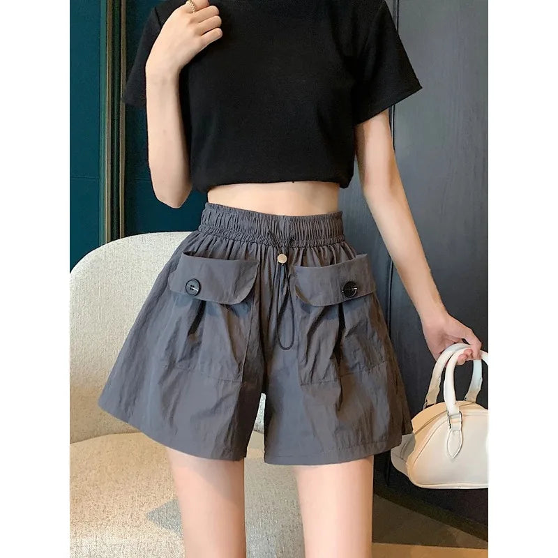 Women Summer Cargo Shorts Elastic Drawstring Waist Cool Shorts Oversized American Street Style Loose Wide Leg Casual Big Size