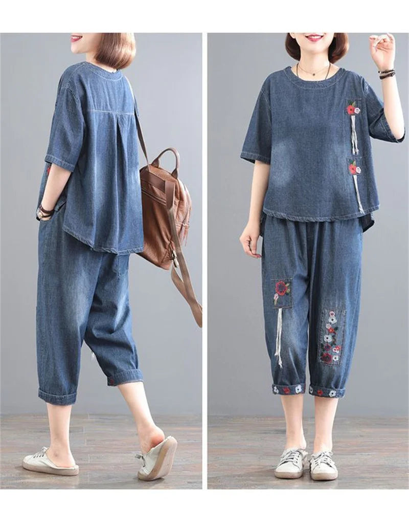 Women Denim Set Female Jeans Two Piece Set 2025 New Spring Summer Thin Korean Loose Cowboy Pants 2 Piece Set Large Size 2PCS