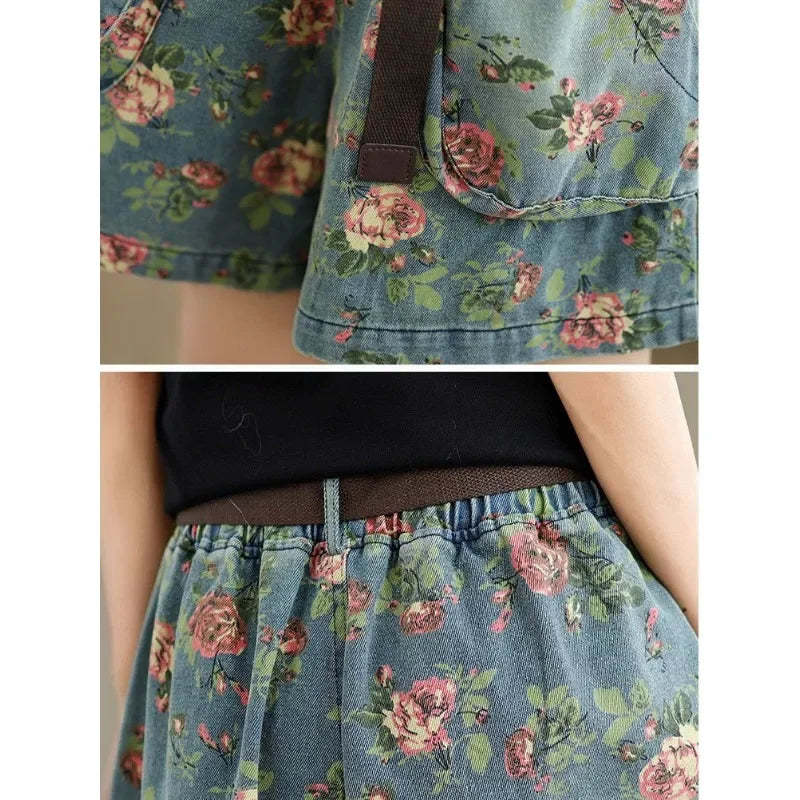 Retro Floral Printed Denim Wide-leg Shorts Women Summer Latest Fashion Baggy Big Size Girl Thin Elastic Waist Jean Short Pants