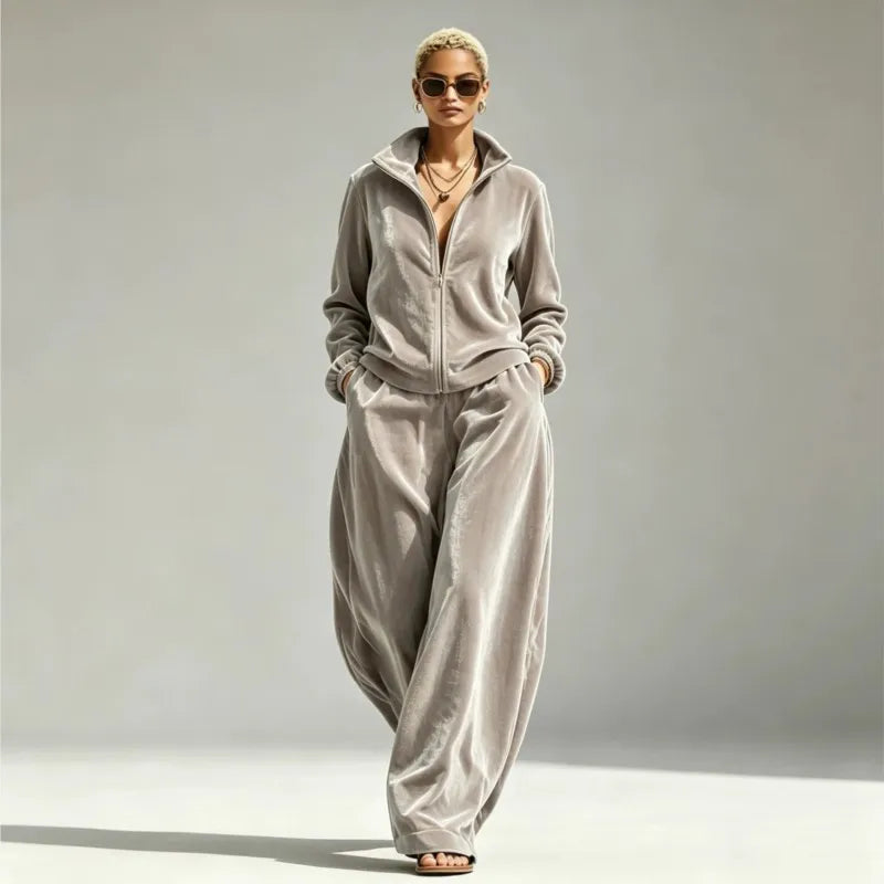 Autumn Winter Warm Gold Velvet Two Piece Set Women's Fashion Solid Zipper Open Coat With Wide Leg Pants Set Ladies Office Outfit