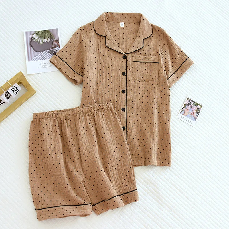 Japanese summer new ladies cotton gauze short sleeve shorts pajamas suit cute heart-shaped thin section home service suit woman