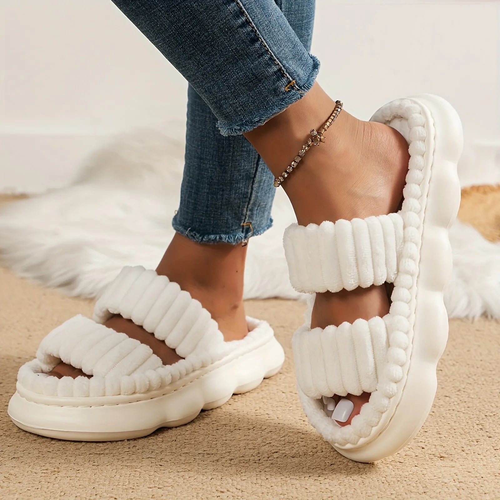 Fashion Women Winter Slipper Corduroy Double Strap House Warm Plush Flat Slippers Autumn Woman Light Comfort Indoor Slipper