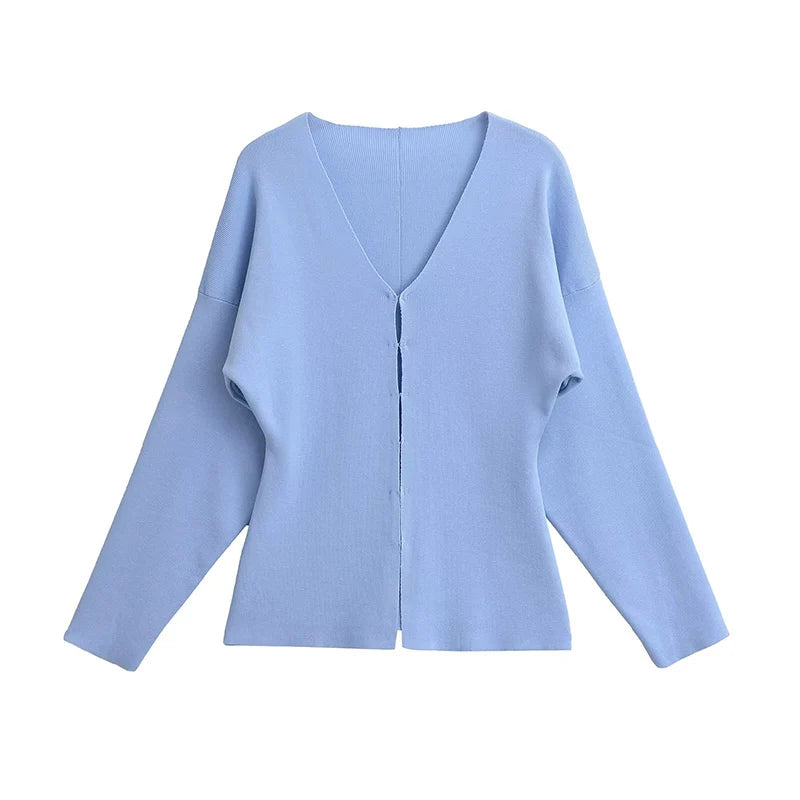 Willshela Women Fashion Solid Single Breasted Knitted Sweater Vintage V-Neck Long Sleeves Female Chic Lady Outfits
