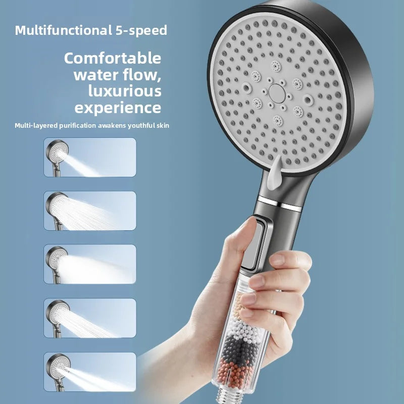 5-Mode High Pressure Filtered Shower Head - Gunmetal Gray, Multi-Effect Skin Care Stones, Adjustable Water Flow for Bathroom