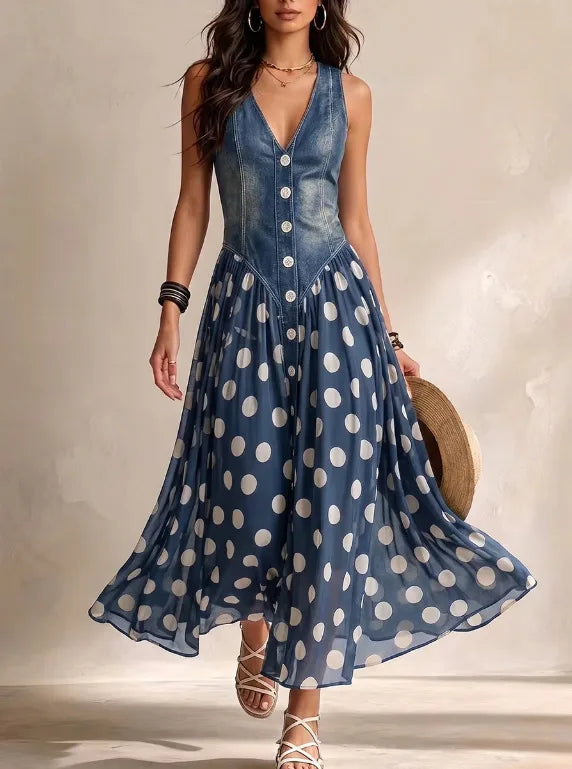 Fashion Print Denim Style Top and Polka Dot Skirt Matching Set