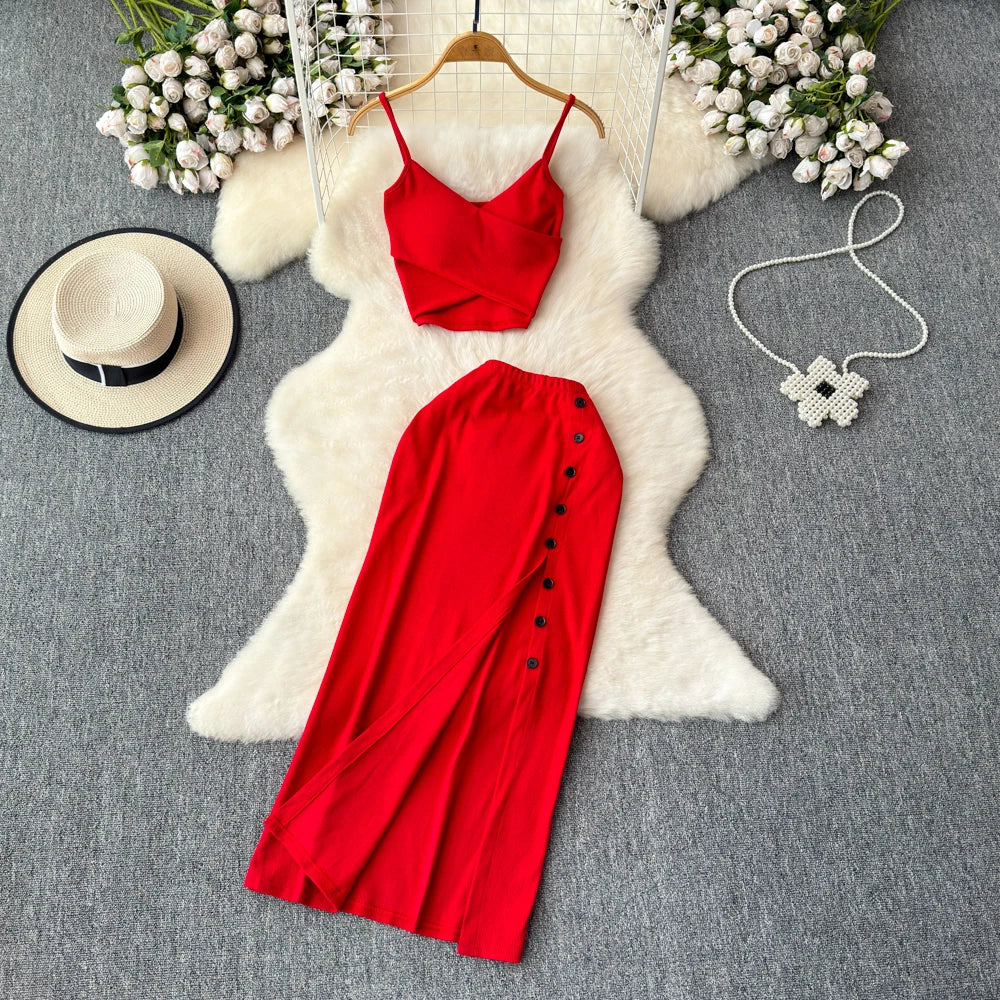 Sexy two Pieces Sets Chic Elegant  v neck slip camis with High Waist Hip Wrap Single Breasted split summer sweet Full Skir