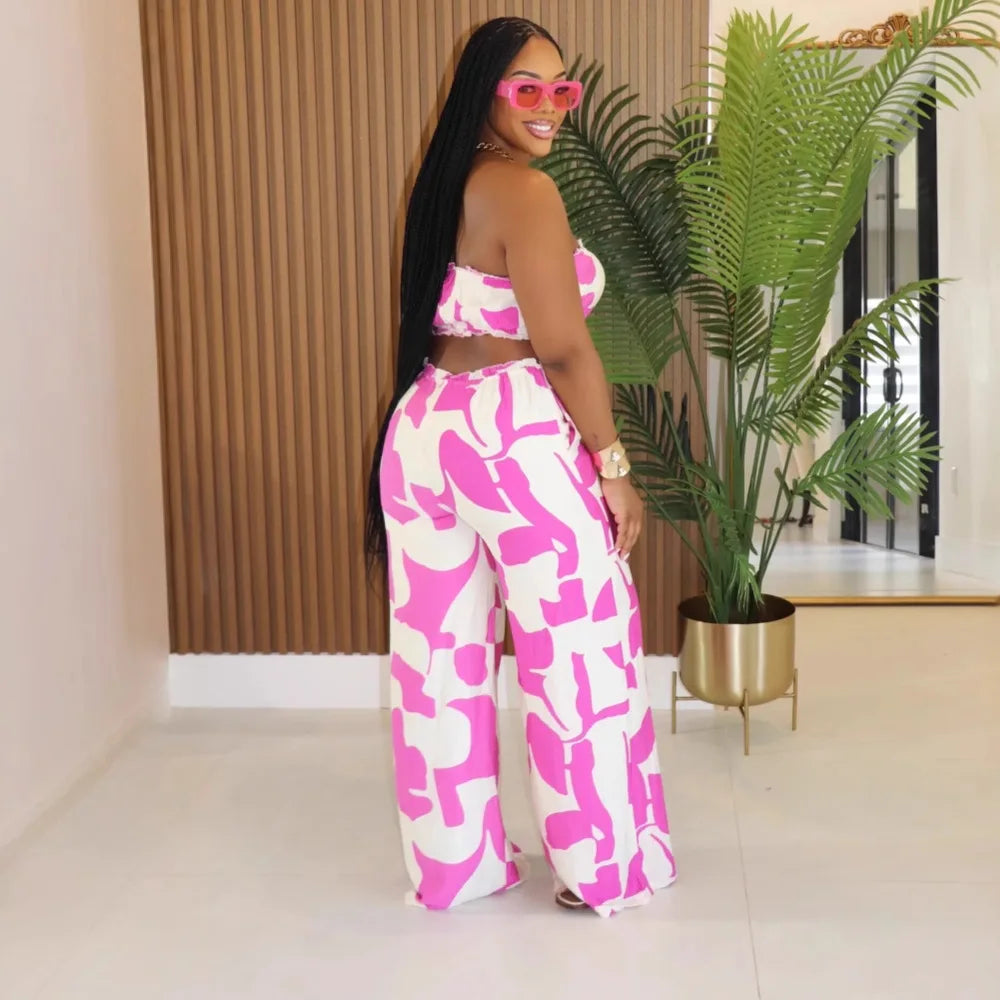 2025 Elegant Sleeveless Hollow Out Casual Style Women Tube Top with Wide-leg Jumpsuit Long Pants