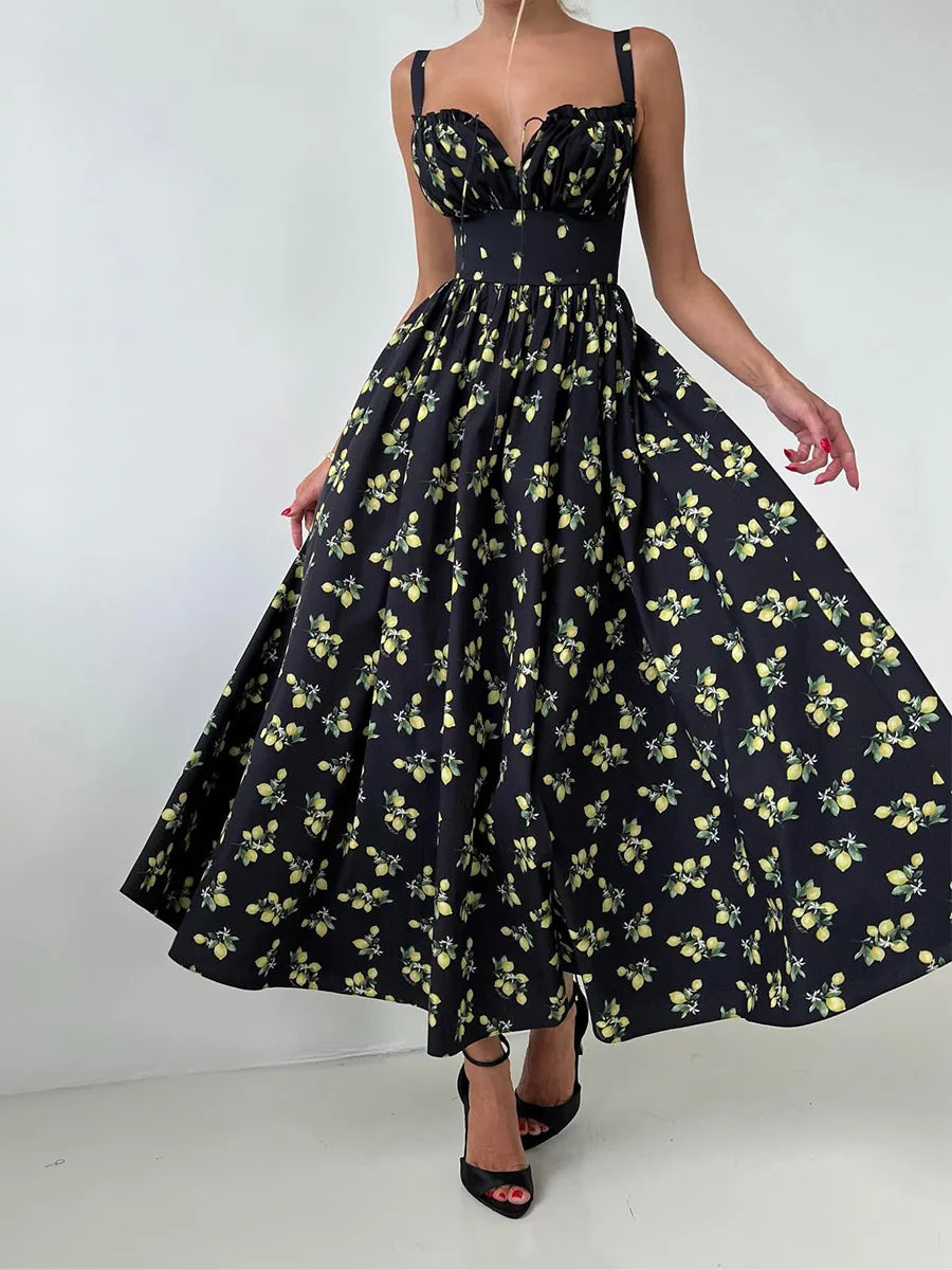 Bornladies 2025 Summer New Printing Cami Dress High Waist Slit Lemon Print Maxi Dress Vacation Long Dress For Women