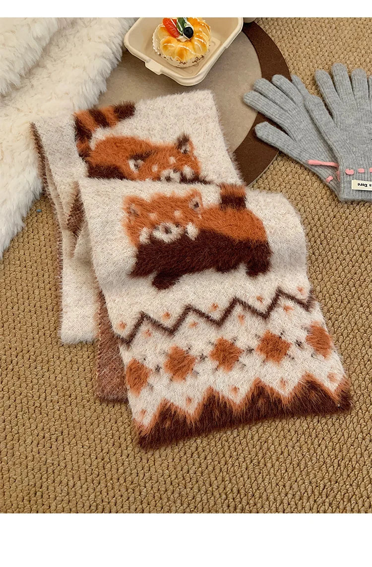 Japanese Cute Lolita Cartoon Red Panda Plush Scarf Female Autumn Winter Thickened Warm Versatile Maillard Neck Scarf 2025 New