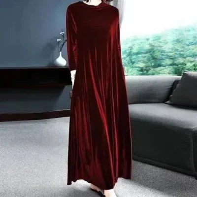 Elegant Velvet Long Dress for Middle-Aged And Elderly Women Autumn New Style Korean Version Loose Fit Long Sleeve Dress