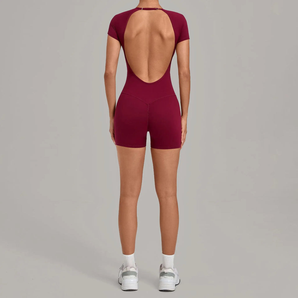 Women Short Sleeve Open Back Yoga Bodysuit Squat Proof Short Jumpsuit Gym Pilates Running Workout Fitness Sport Activewear