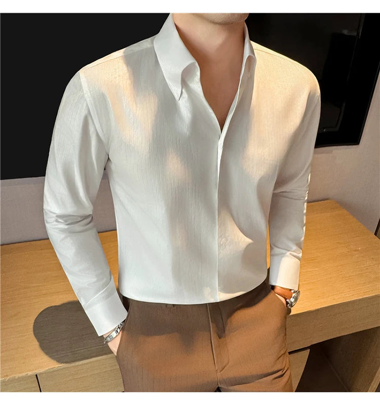 Men's 2026 Spring Luxury Lyocell Cotton Shirt, Leather-Like Texture Jacquard V-Neck, Long Sleeve Business Casual Top
