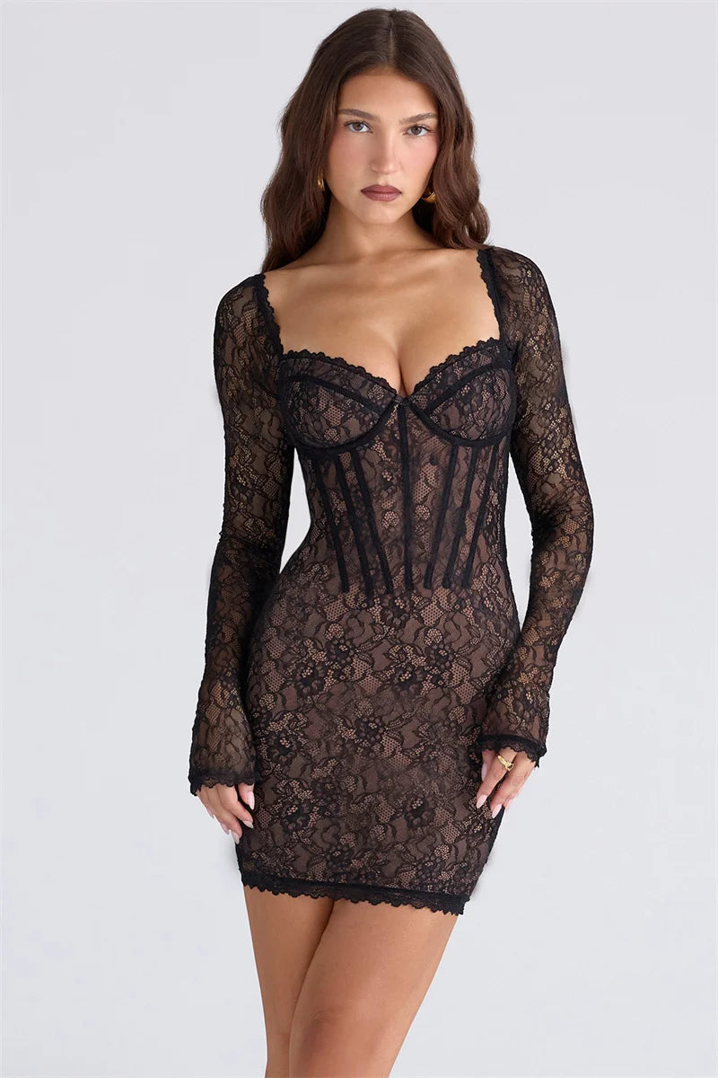 Mozision Lace Long Sleeve Sexy Maxi Dress Women Elegant Square Collar Strapless Backless Split Bodycon Club Party Long Dress