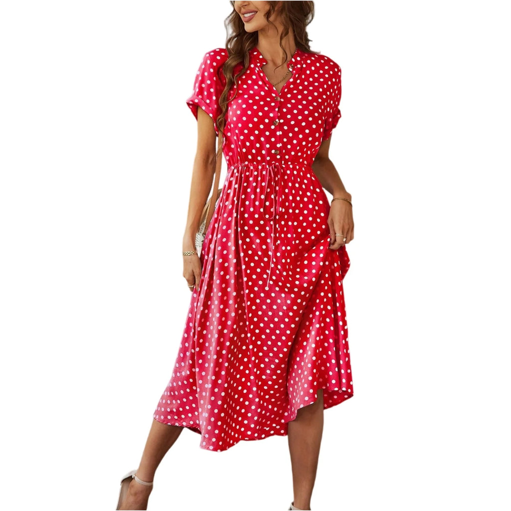 Elegant retro polka dot dress Women's Summer Midi Dress V Neck Single Breasted Short Sleeve Dresses Fashion Print Dress