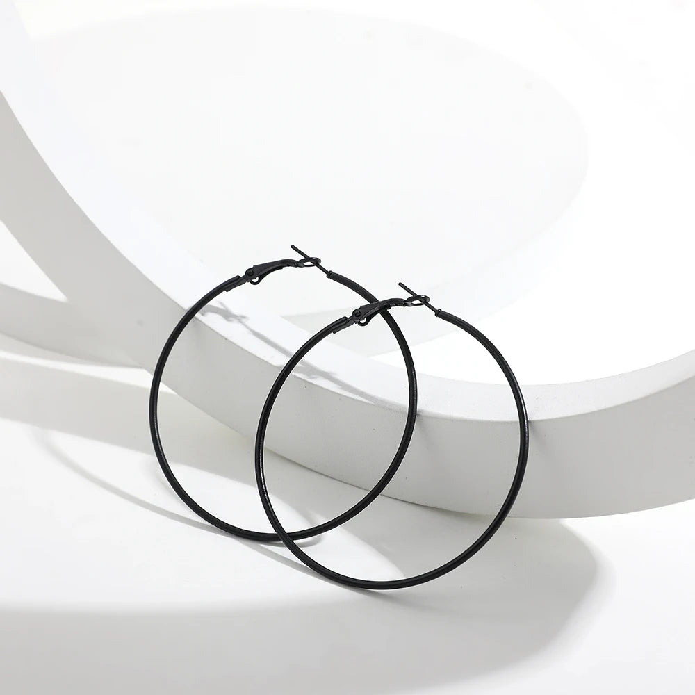 5 Sizes Stainless Steel Black Round Circle Hoop Earrings for Women Punk Exaggerated Smooth Statement Earring Gothic Jewelry Gift