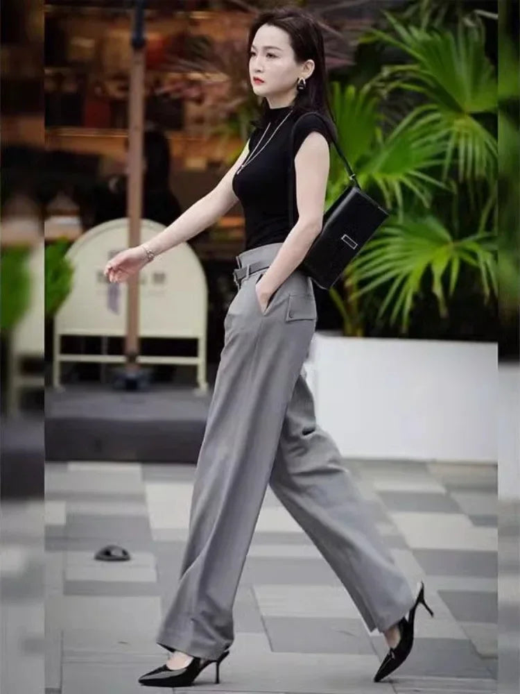 Women's Top and Pants Two Piece Set Formal Summer 2025 Business Ladies Trouser Wide Leg Clothes Clothing Trend Fashion Tailor D
