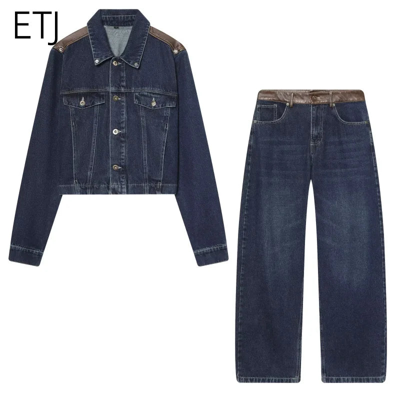 ETJ Women's Denim Jacket & Jeans Set Cropped Leather Patch Oversize Wide Leg Pants Outfit 2026 Fashion Two Piece