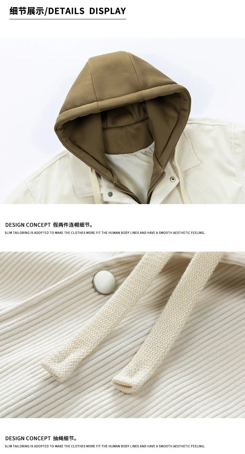 2025 New Corduroy Jacket Men's Harajuku Japanese Windproof Warm Fake Two-piece Hooded Coat Womens Casual Loose Pocket Jacket 4XL