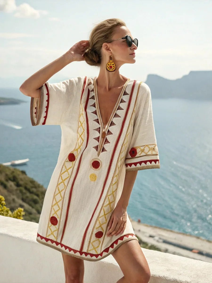 Fashion Retro Printed Short-sleeved Loose Women's Dress New Summer Style Deep V Neck Casual Seaside Vacation Female Dresses 2025