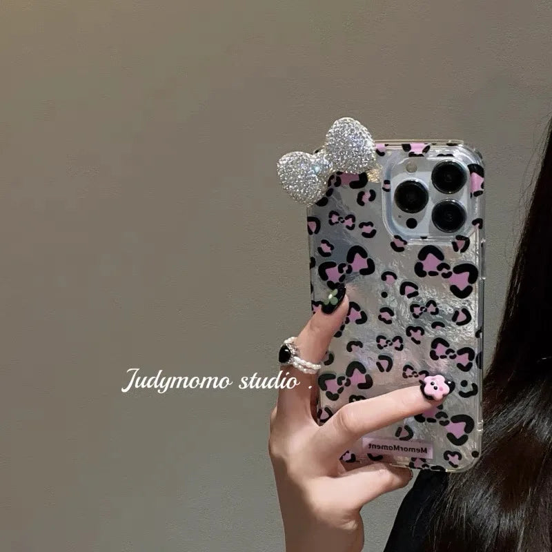 Colorful Leopard Blink Diamond Bowknot Lustre Lining Phone Case for iPhone 16 15 14 Plus 13 Mini 12 Pro Max 11 7 8 SE X XS XR