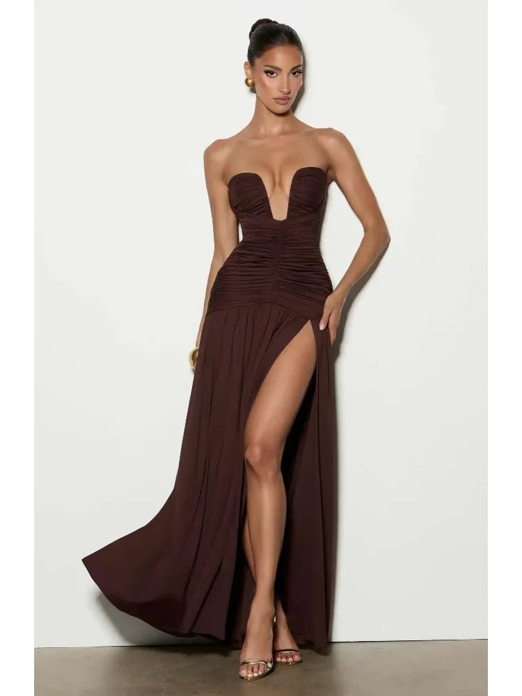 2026 Deep V Neck Pleated Strapless Dress Women Elegant Off Shoulder Backless Split Maxi Evening Party Vestidos