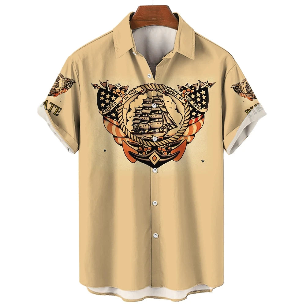 3D retro digital printed men's lapel short sleeved shirt